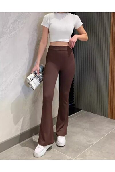 EYO Leggings din țesătură creponată scuba cu talie lată, maro, cu talie înalt...