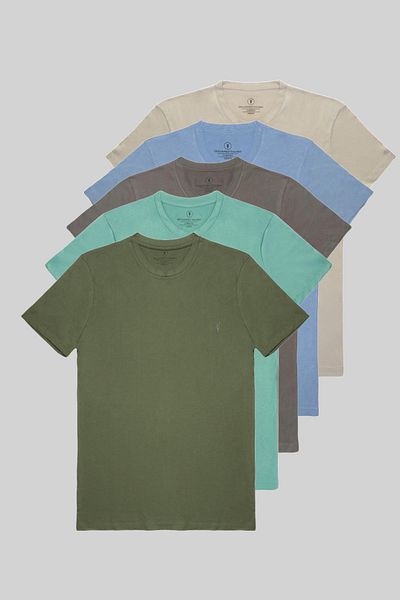 COMBİNE MİCHAİL Men's 5-Piece 100% Cotton Summer T-Shirt Set Colors: Gray-Ice-Blue-Fume-Cagla-Khaki