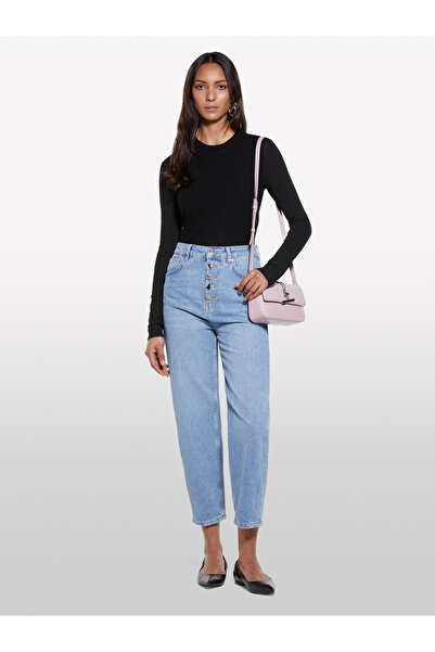 Sisley Women's Light Denim 100% Cotton Button Detail High Waist Straight Leg Denim Pants