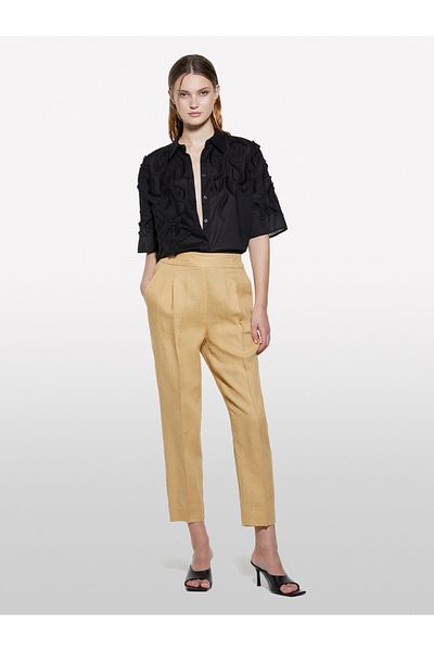 Sisley Women's Paper Bag 100% Linen Elastic Waist Pleated Front Trousers