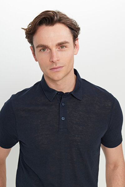 ALTINYILDIZ CLASSICS Men's Navy Blue Cotton Slim Fit Slim Fit Polo Neck T-Shirt