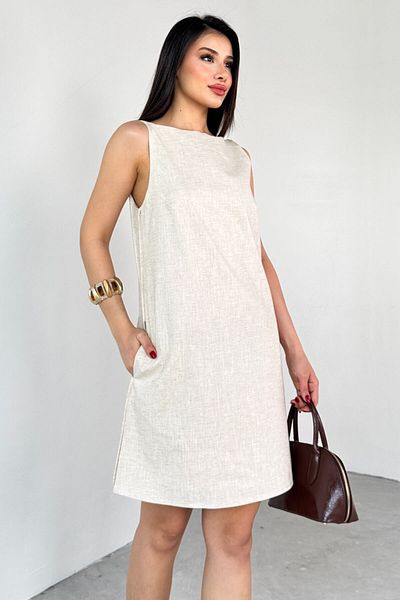 Cappmoda ELB-01779 Μίνι φόρεμα από λινό χρώμα πέτρας με ανοιχτή πλάτη