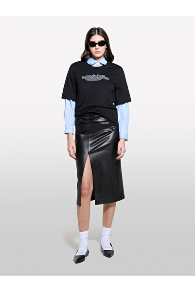 Sisley Women's Black 100% Cotton Printed Crew Neck Regular Fit T-Shirt