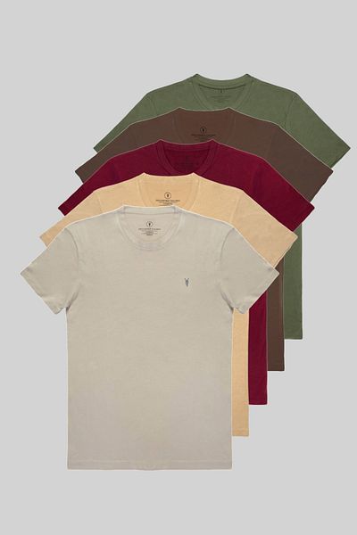 COMBİNE MİCHAİL Men's 5-Pack T-Shirt 100% Cotton Summer Anti-Sweat Fabric Khaki-Brown-Burgundy-Beige-Grey