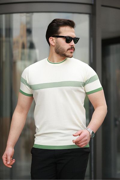 Miron Ecru Crew Neck Striped Knitwear T-Shirt - 2418