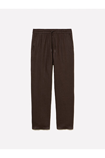 Sisley Erkek Koyu kahverengi %100 Keten Beli Büzgülü İpli Slim Fit Pantolon
