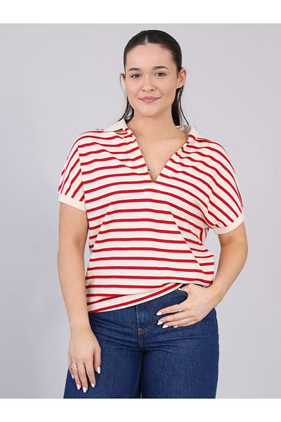 Tommy Hilfiger Women's V-Neck Short Sleeve Cotton Standard Size Beige Polo Neck T-Shirt Ww0Ww44512-0Ah