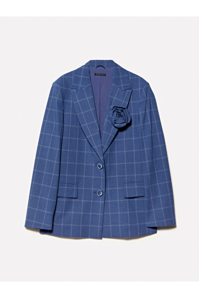 Sisley Jachetă pentru femei, în carouri albastre, amestec de viscoză, cu detaliu broșă, cu croială normală