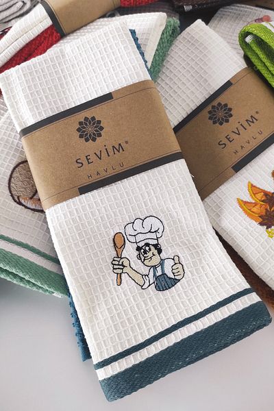 Sevim 2 Pack Embroidered Kitchen Towels - Cobalt Blue - Cotton with Chef Figure 40X60 cm