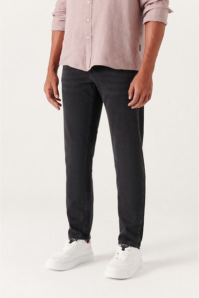Avva Anthrazitfarbene, gealterte, gewaschene Lycra-Jeanshose für Herren E 003524