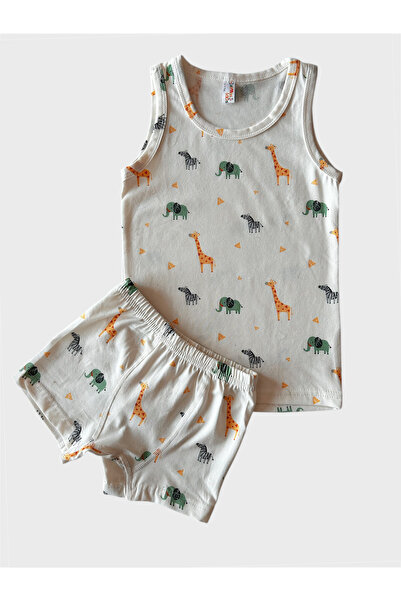 elmas kids Boy's Cotton White Giraffe Elephant Zebra Patterned Undershirt Boxer Set