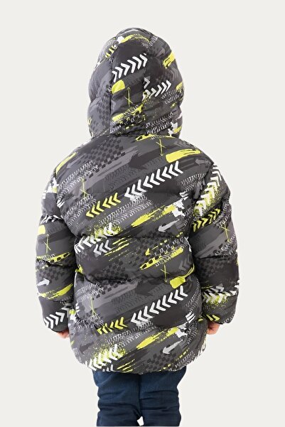 Outriverkids Erkek Çocuk Sarı Siyah Dijital Desen Içi Polar Su Ve Rüzgar Geçirmez Kapüşonlu Şişme Kışlık Mont