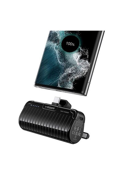 REDz Accessories External Battery 5000 mAh, Built-in Type-C, Compatible iPhone/Samsung, PD, QC 3.0, 3A, 20W, Black