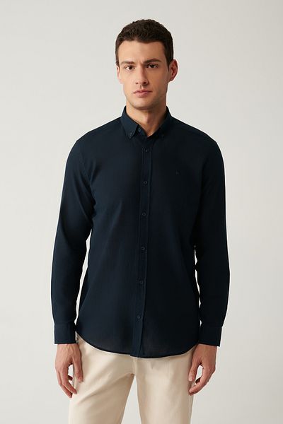 Avva Men's Navy Blue 100% Cotton Thin Soft Button Collar Shirt E 002206