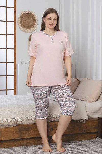 Farya Home X-Dreamy Large Size Cotton Patterned Buttoned Collar Capri Pajamas Set