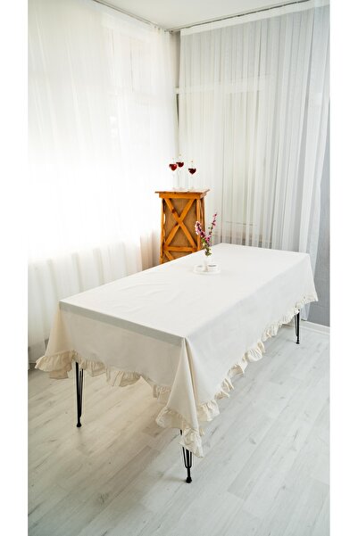 abidehanım Volan | Față de masă bej cu volane din in brut 160 x 220