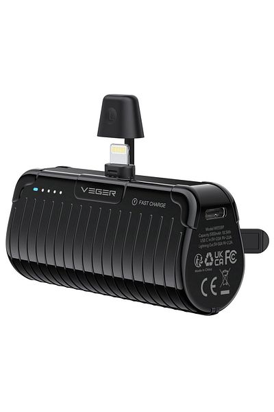 REDz Accessories External Battery 5000 mAh for iPhone 14/13/12, Built-in Lightning, Indicator, PD, 3A, 20W, Black