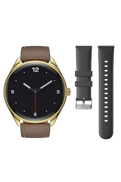 REDz Accessories Hoco Y22 Smartwatch, Brown+Black Leather Strap, iOS/Android, Water Resistant, Magnetic Charger