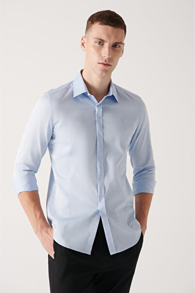 Avva Erkek Mavi %100 Pamuk Saten Gizli Patlı Gömlek E002209