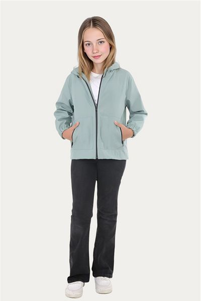 Outriverkids Girl's Mint Green Lined Water and Windproof Hooded Raincoat with Double Zipper Pockets
