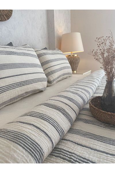 Befera Design Μουσελίνα 2 τεμαχίων μαξιλαροθήκη 100% βαμβάκι που δεν έχει σιδέρωση 50x70 εκ. Γκρι ριγέ