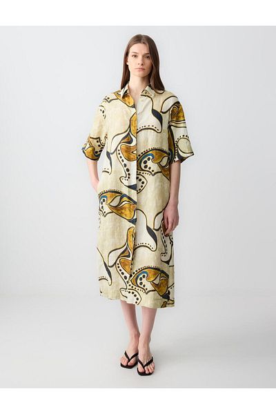 Jimmy Key Stone Relaxed Cut Elbow Sleeve Shirt Collar Patterned Linen Midi Dress