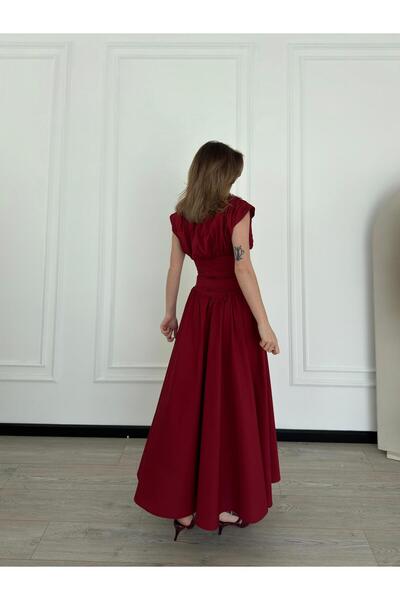 FMN Moda hafif volan omuz tasarım drapeli beli saran pinterest model midi boy kloş etekli şık yazlık elbise