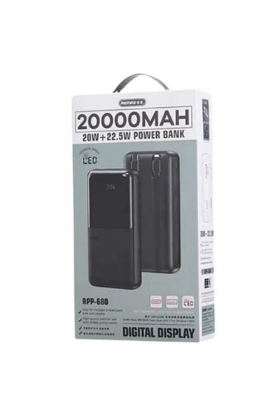 REDz Accessories Remax RPP-680 Battery, Powerbank 20,000mAh, Type-C and Lightning Cables LED Display, Black