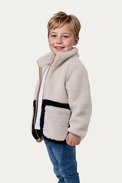 Outriverkids Boy's Plush Ecru Black Pocket Zippered Welsoft Winter Coat