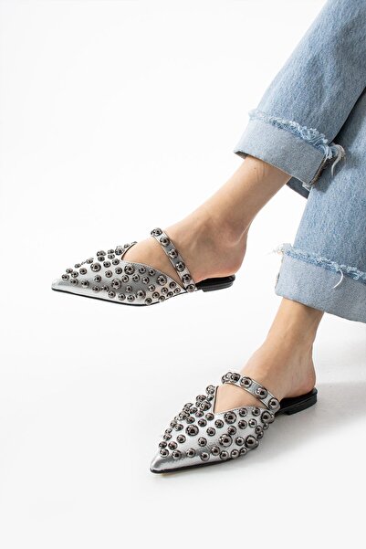 diclepolat Papuci de damă Loja Silver Platinum Trop cu talpă plată cu vârf ascuțit