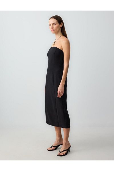 Jimmy Key Black Slim Fit Strapless Patterned Woven Midi Dress