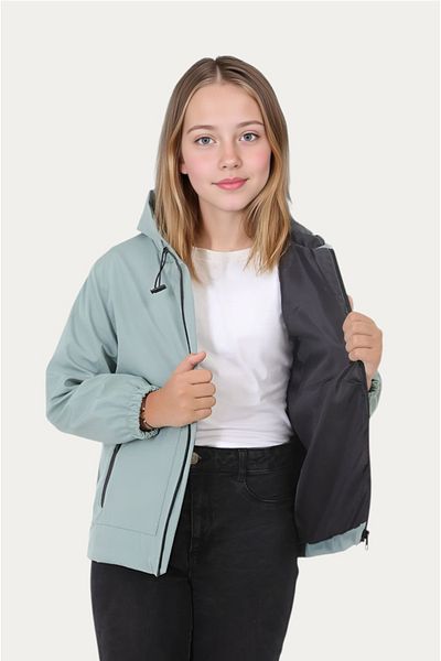 Outriverkids Girl's Mint Green Lined Water and Windproof Hooded Raincoat with Double Zipper Pockets