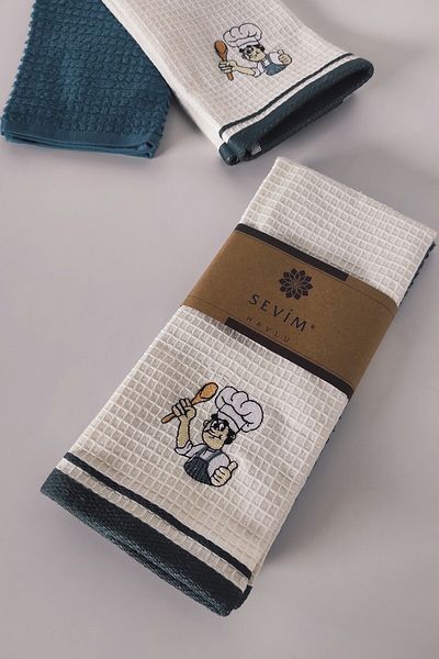 Sevim 2 Pack Embroidered Kitchen Towels - Cobalt Blue - Cotton with Chef Figure 40X60 cm