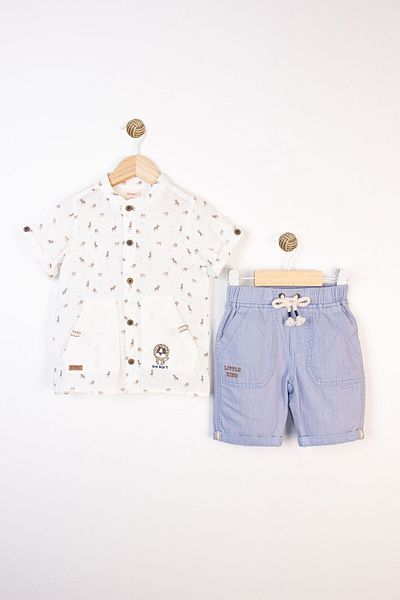 Bombili Short Sleeve Safari Patterned Summer Muslin Shirt Elastic Waist Shorts 2-Piece Boys' Set