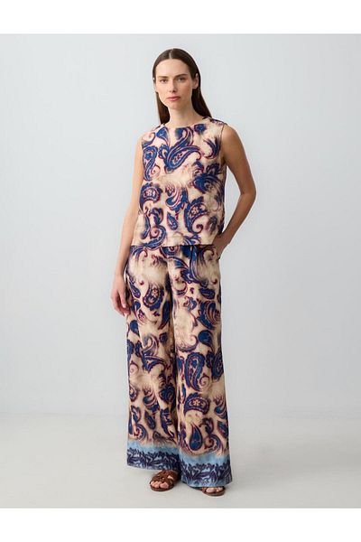 Jimmy Key Navy blue round neck sleeveless patterned linen blouse
