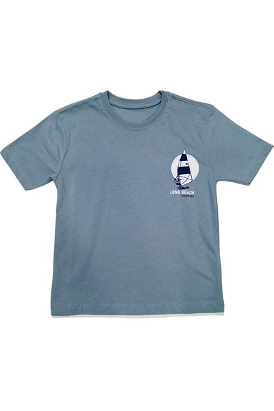 İrem Çocuk Giyim Boy's Light Blue T-Shirt with Long Beach Text and Picture Pattern on the Front and Back