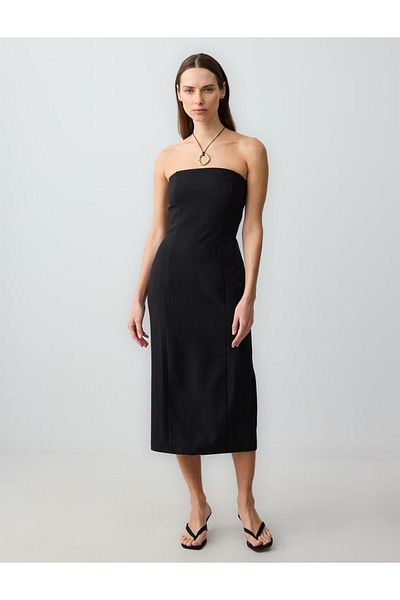 Jimmy Key Black Slim Fit Strapless Patterned Woven Midi Dress