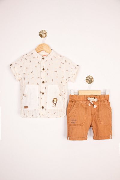 Bombili Short Sleeve Safari Patterned Summer Muslin Shirt Elastic Waist Shorts 2-Piece Boys' Set