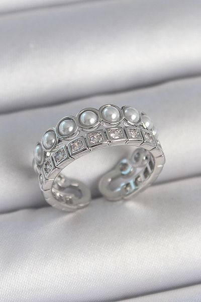 Skygo Brass Silver Color 2 Row Adjustable Women's Ring with Zircon Stone and Pearl - Tj-Byk3720