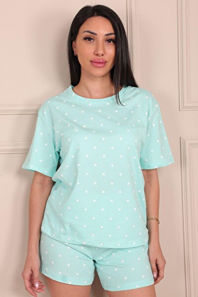 Niket Life Heart Patterned Little Dot Short Sleeve Shorts Pajama Set - TURQUOISE