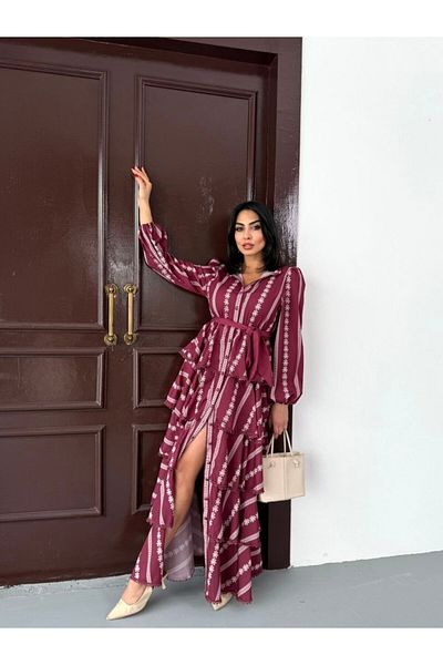 WellWay Jennyfer Crepe Fabric & Lace Detailed Lined Ruffle Detailed Burgundy Dress (Belt Included)-2513