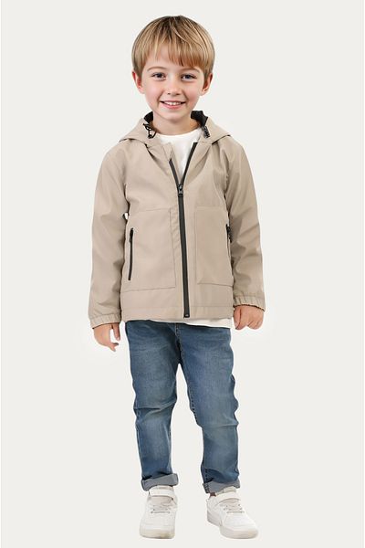 Outriverkids Boy's Stone Lined Water and Windproof Hooded Double Zipper Pocket Raincoat