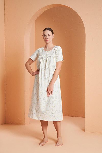 PJS Women's Floral Patterned Buttoned Collar Short Sleeve Nightdress