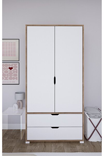 midoser 90 Cm Açık Ceviz-beyaz 2 Kapılı 2 Çekmeceli Elbise Dolabı - Gardırop
