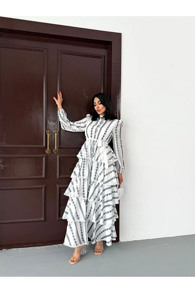 WellWay Jennyfer Crepe Fabric & Lace Detailed Lined White Dress with Ruffle Detail (Belt Included)-2513