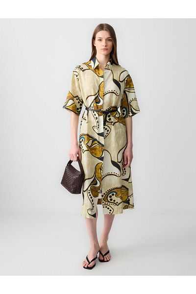 Jimmy Key Stone Relaxed Cut Elbow Sleeve Shirt Collar Patterned Linen Midi Dress