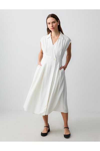 Jimmy Key Ecru Shirt Collar Sleeveless Midi Woven Dress