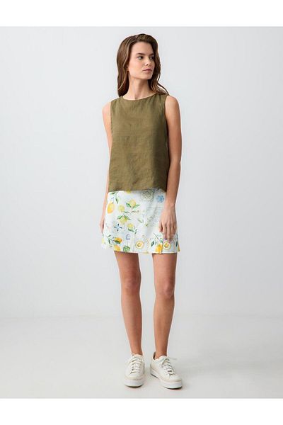 Jimmy Key Yellow Normal Waist Straight Cut Patterned Linen Mini Skirt