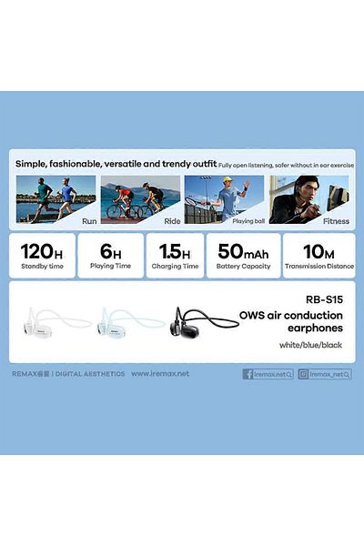 REDz Accessories Căști Bluetooth REMAX RB-S15 Open-Ear, 6 ore de redare, conducție aeriană, albe