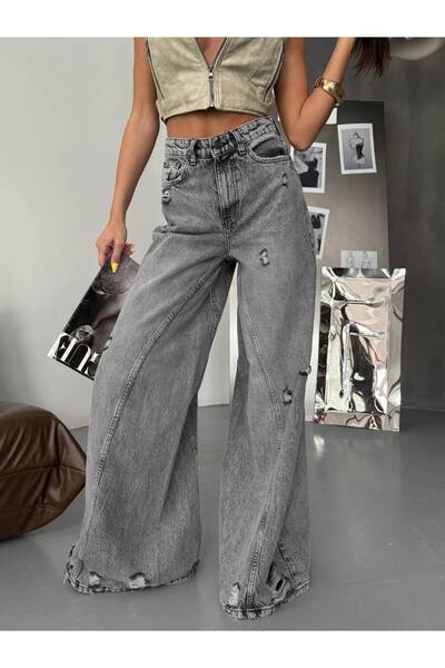 DENİKK Trend Custom Design High Rise Detailed Wide Leg Jean Palazzo Pants